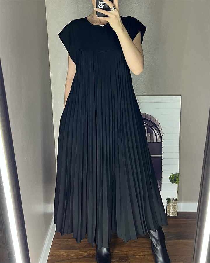 BARLEY - SHORT-SLEEVE PLEATED LONG DRESS