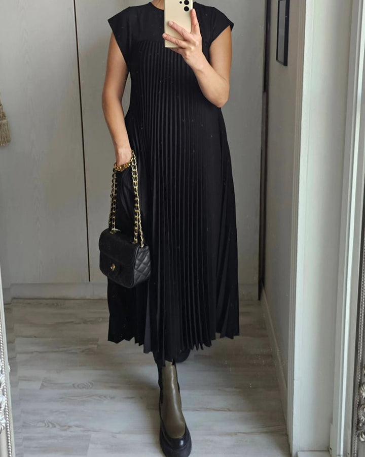 BARLEY - SHORT-SLEEVE PLEATED LONG DRESS
