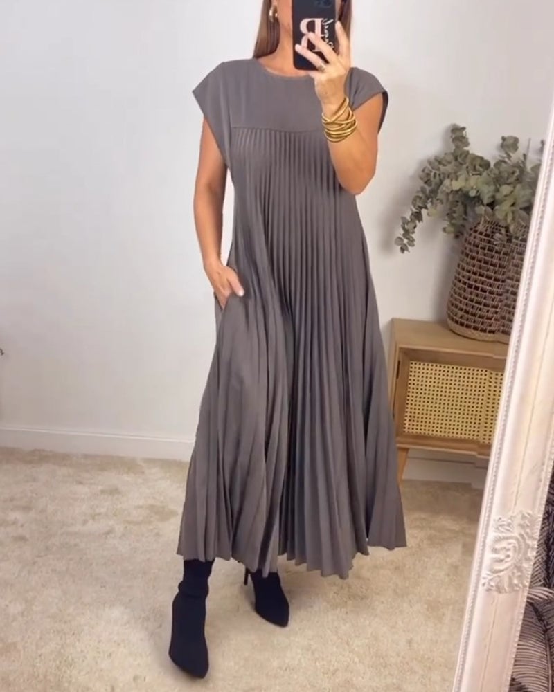 BARLEY - SHORT-SLEEVE PLEATED LONG DRESS