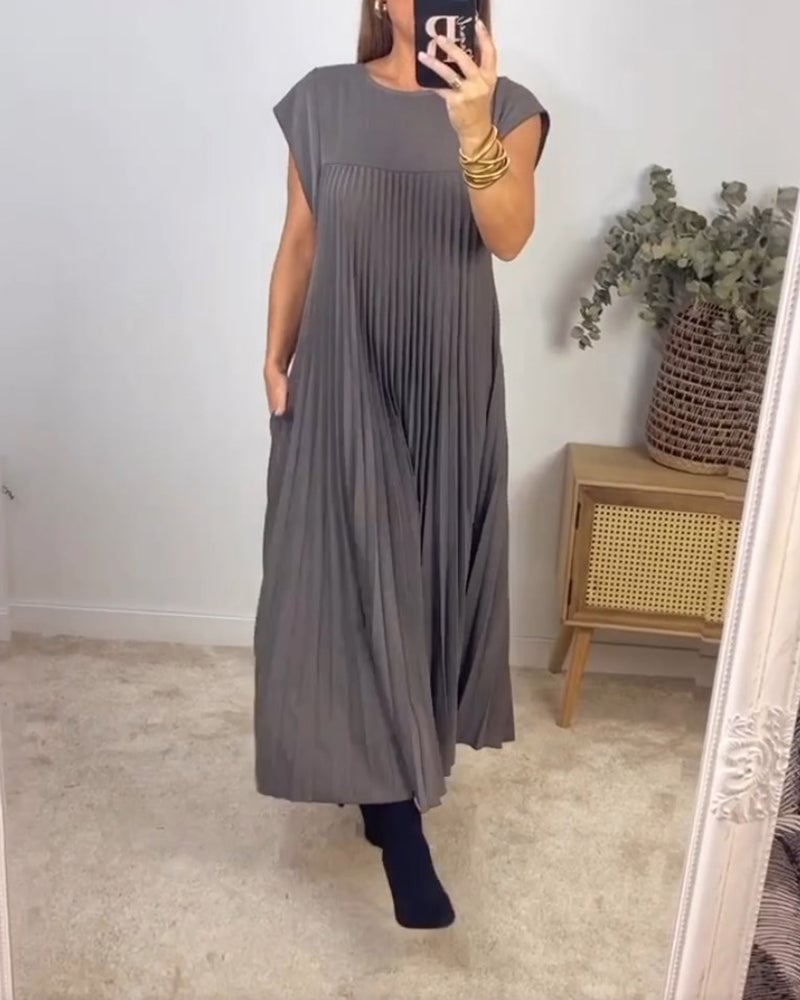 BARLEY - SHORT-SLEEVE PLEATED LONG DRESS