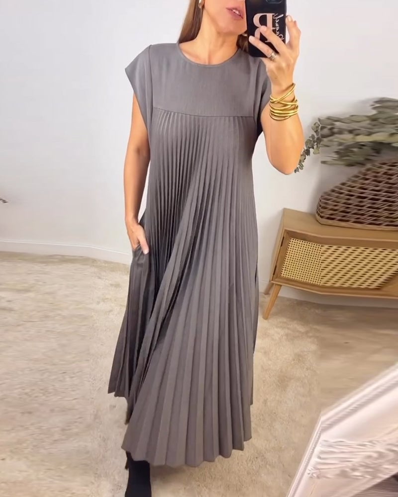 BARLEY - SHORT-SLEEVE PLEATED LONG DRESS