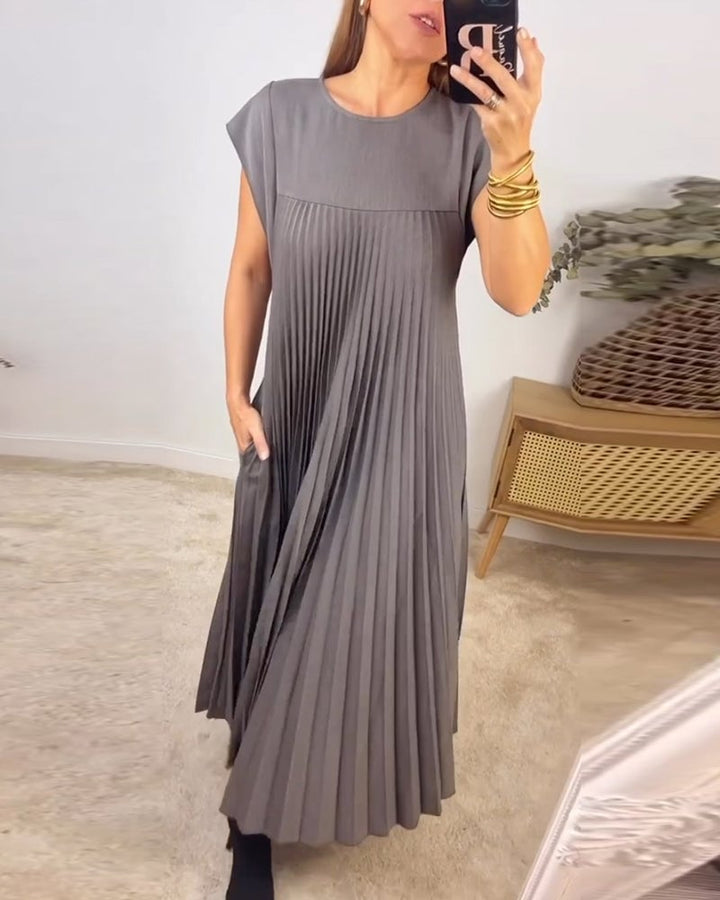 BARLEY - SHORT-SLEEVE PLEATED LONG DRESS