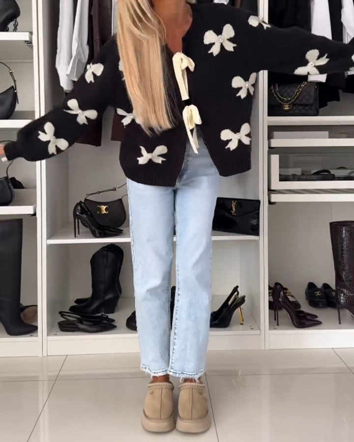 ESMERALDA - TRENDY PEARL-TRIMMED RIBBON CARDIGAN