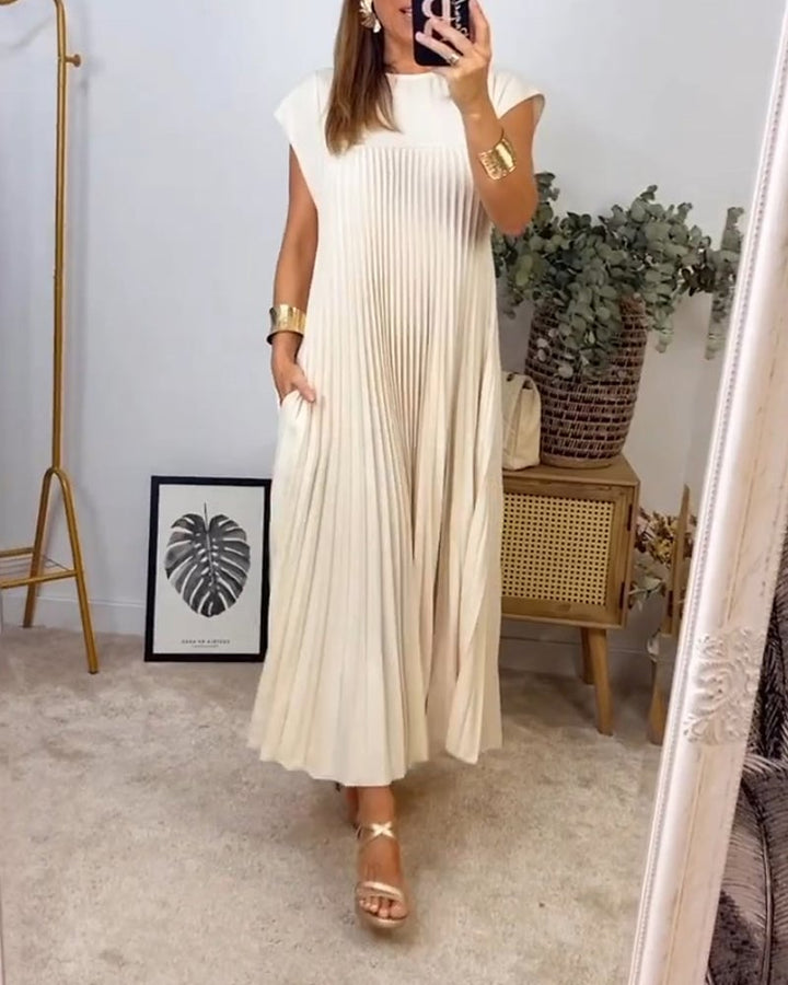 BARLEY - SHORT-SLEEVE PLEATED LONG DRESS