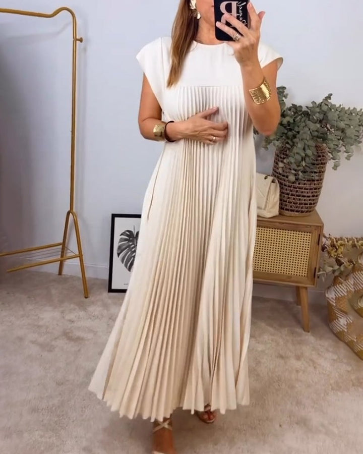 BARLEY - SHORT-SLEEVE PLEATED LONG DRESS