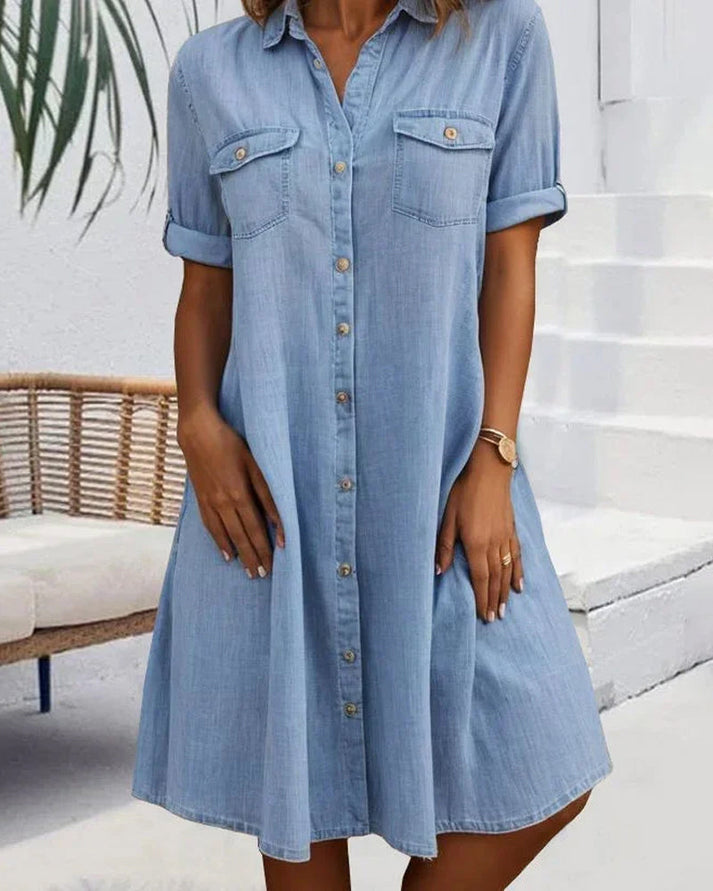 OLLIE - BUTTON-UP SHORT SLEEVE DENIM DRESS