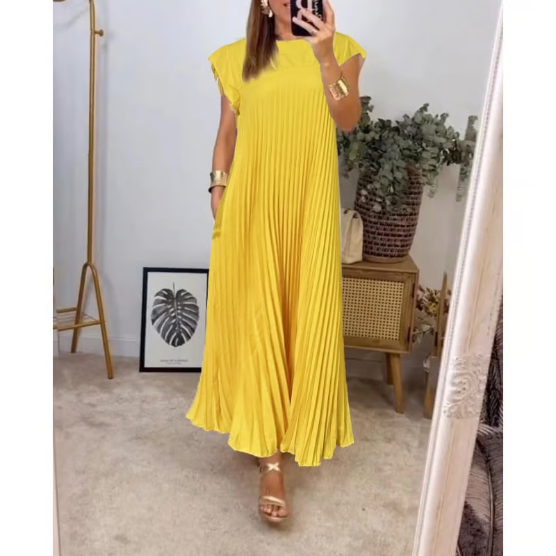 BARLEY - SHORT-SLEEVE PLEATED LONG DRESS