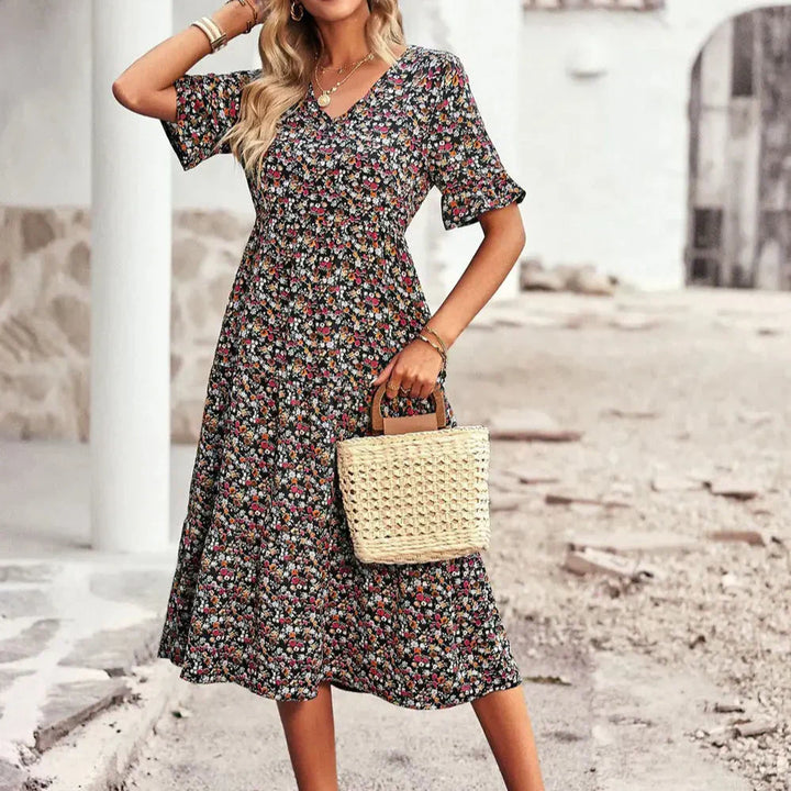 PAULA - CLASSY V NECK FLORAL DRESS