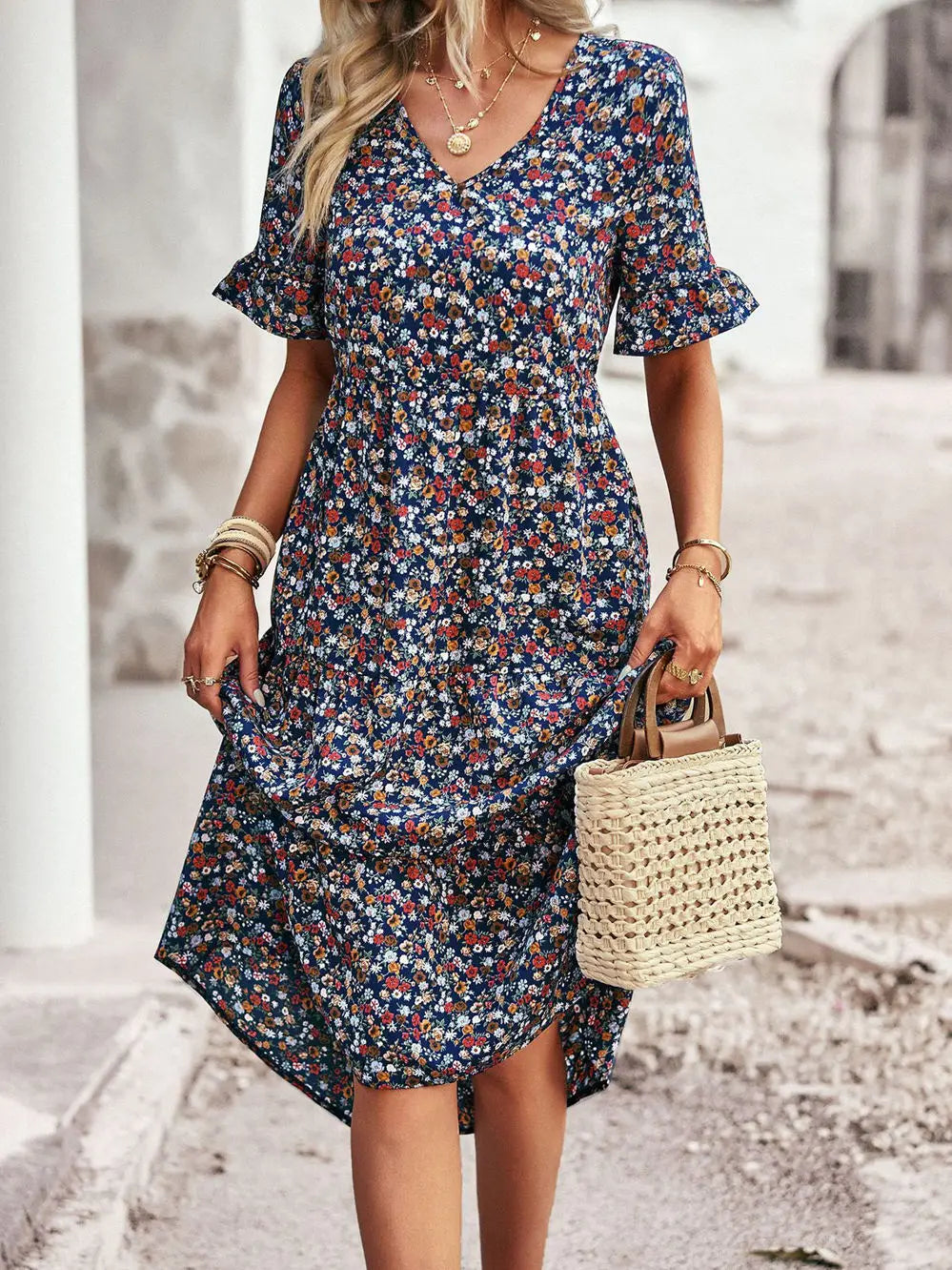 PAULA - CLASSY V NECK FLORAL DRESS