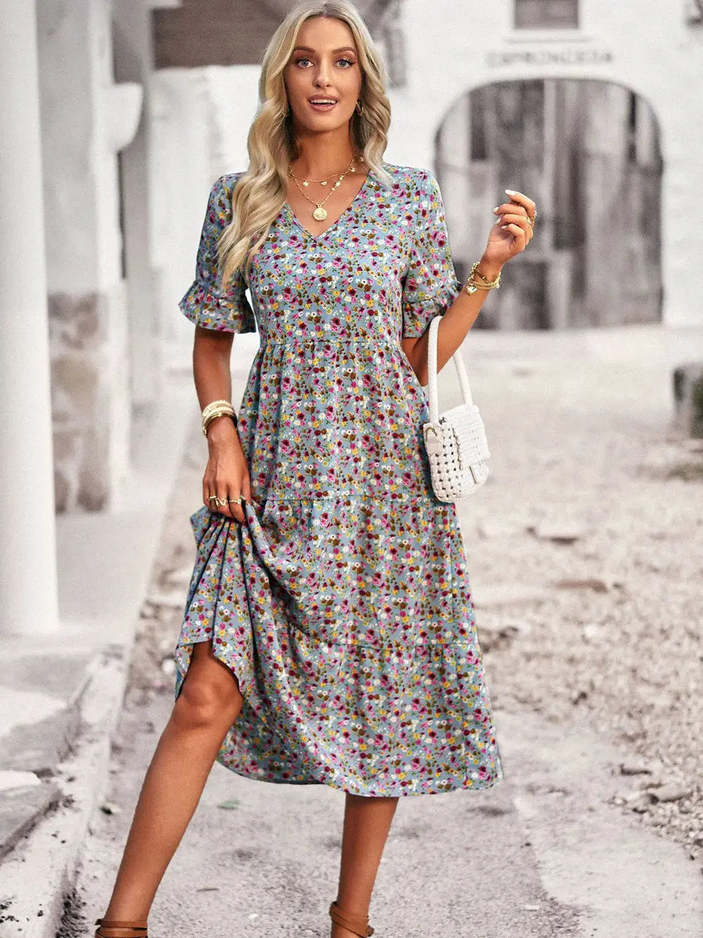 PAULA - CLASSY V NECK FLORAL DRESS