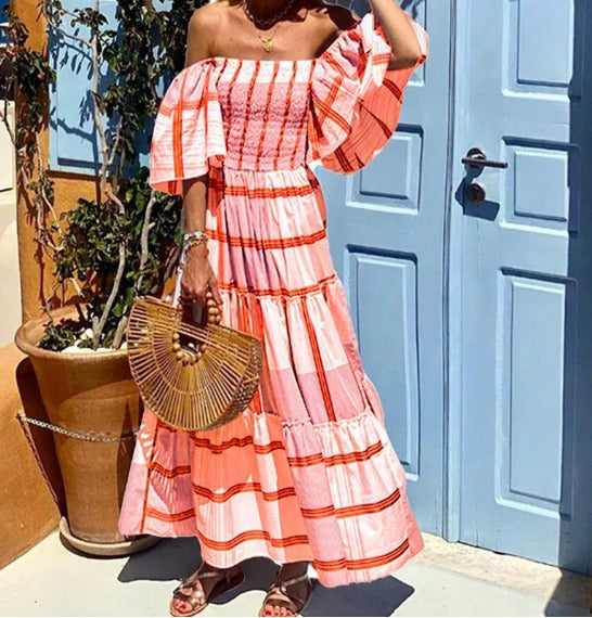 Lily - Bandeau Ruffle Striped Printed Maxi Dress