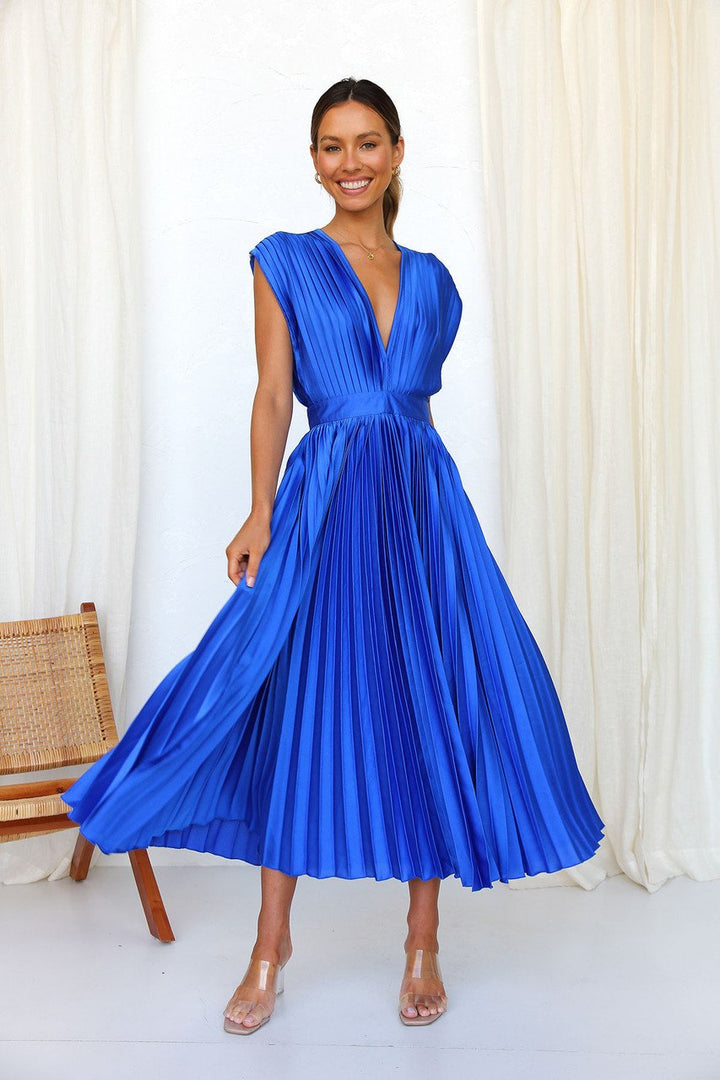 MADISYN - FLOWY V-NECK PLEATED SKIRT DRESS
