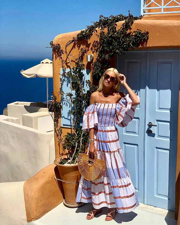 Lily - Bandeau Ruffle Striped Printed Maxi Dress