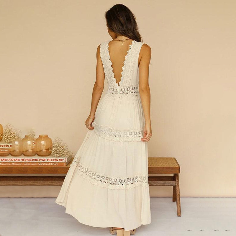 MISHA - V-NECK LACE-BACK MAXI DRESS