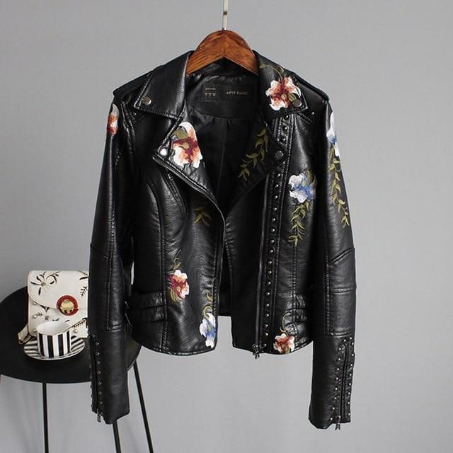 ENSHIA - TRENDY EMBROIDERED VEGAN LEATHER JACKET