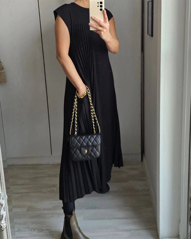 BARLEY - SHORT-SLEEVE PLEATED LONG DRESS