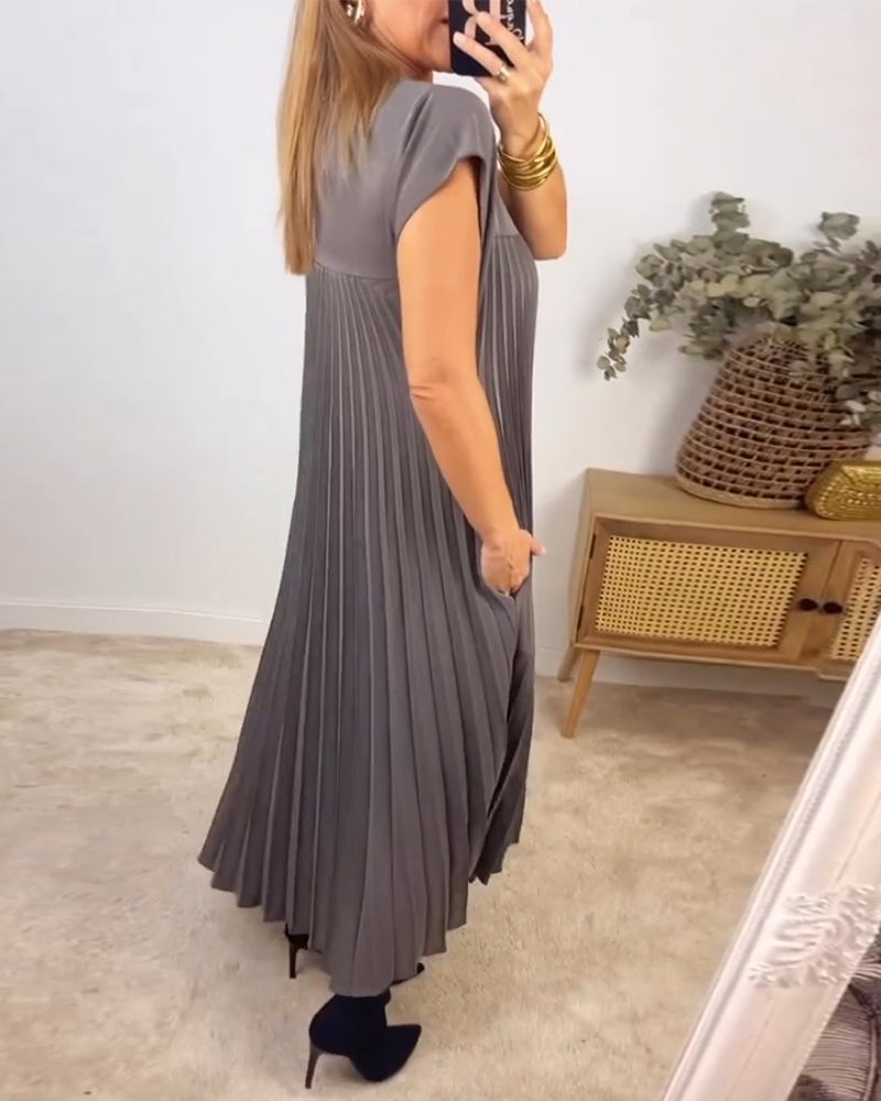 BARLEY - SHORT-SLEEVE PLEATED LONG DRESS