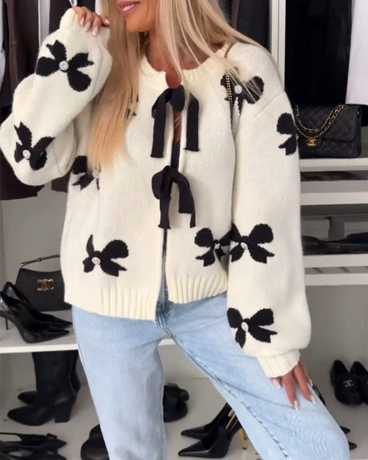 ESMERALDA - TRENDY PEARL-TRIMMED RIBBON CARDIGAN