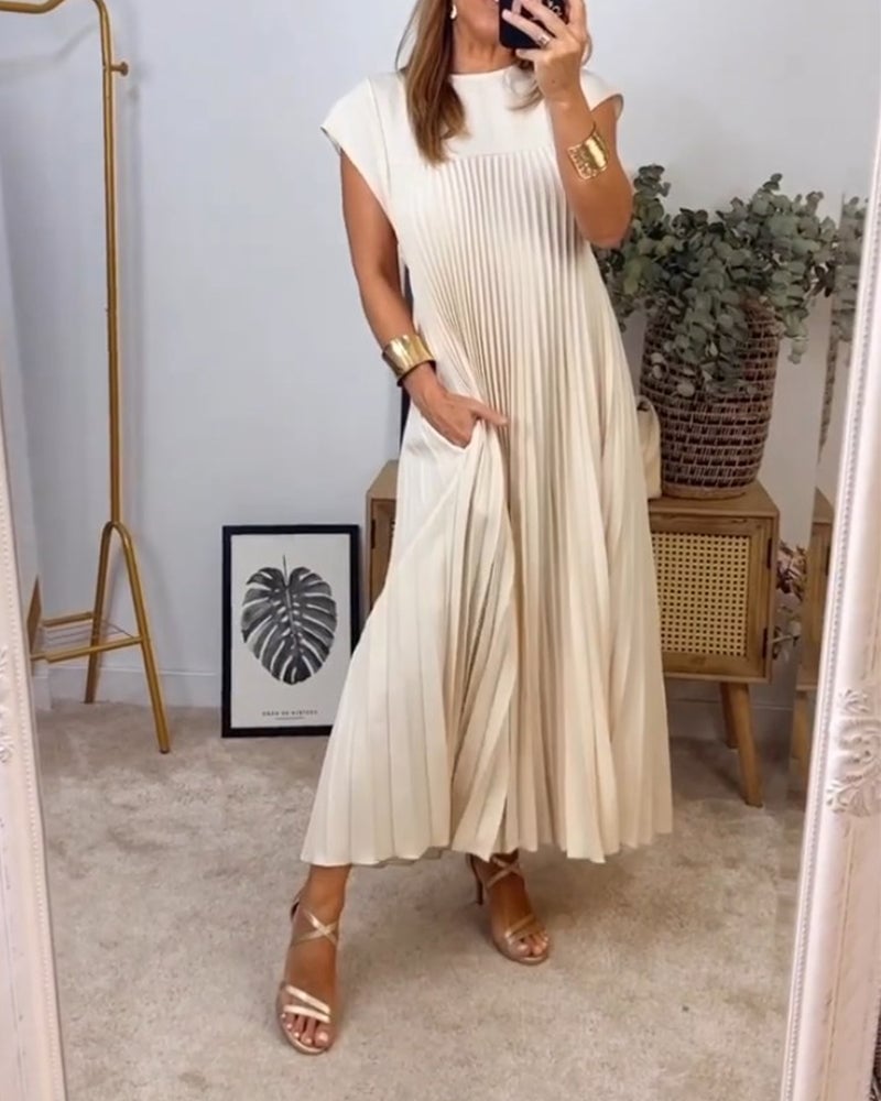 BARLEY - SHORT-SLEEVE PLEATED LONG DRESS