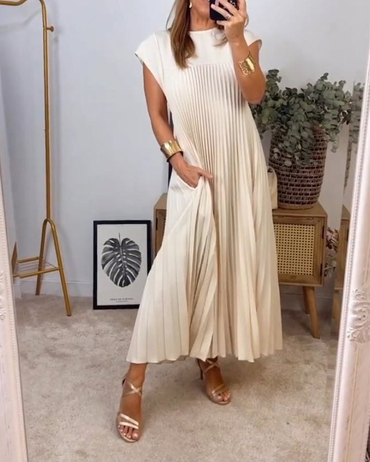 BARLEY - SHORT-SLEEVE PLEATED LONG DRESS