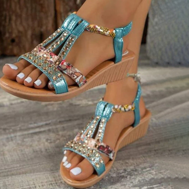 LINDY - ELEGANT WEDGE SANDALS WITH RHINESTONE DETAILS