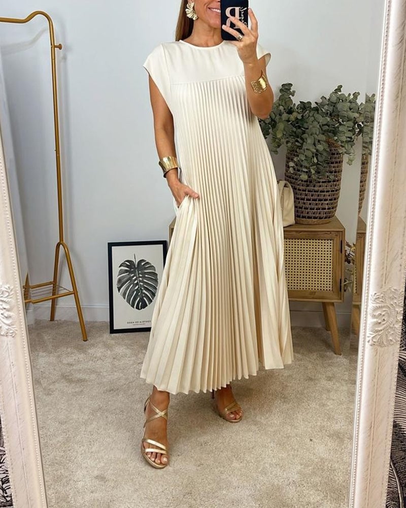 BARLEY - SHORT-SLEEVE PLEATED LONG DRESS