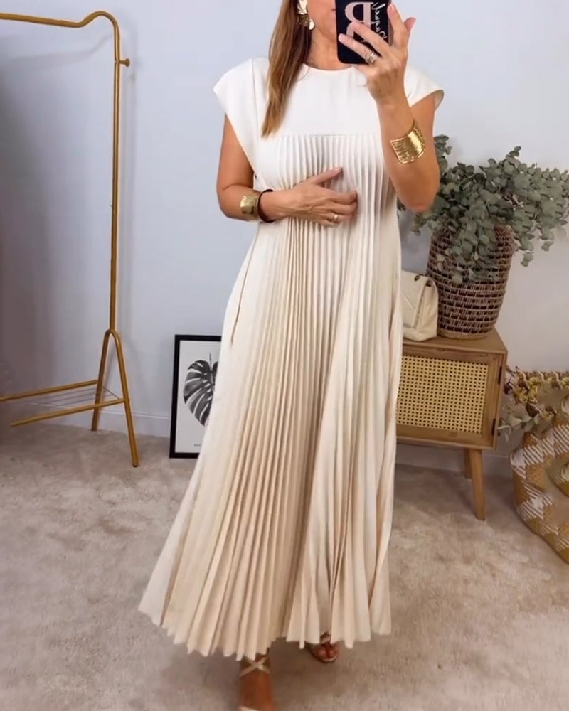 BARLEY - SHORT-SLEEVE PLEATED LONG DRESS