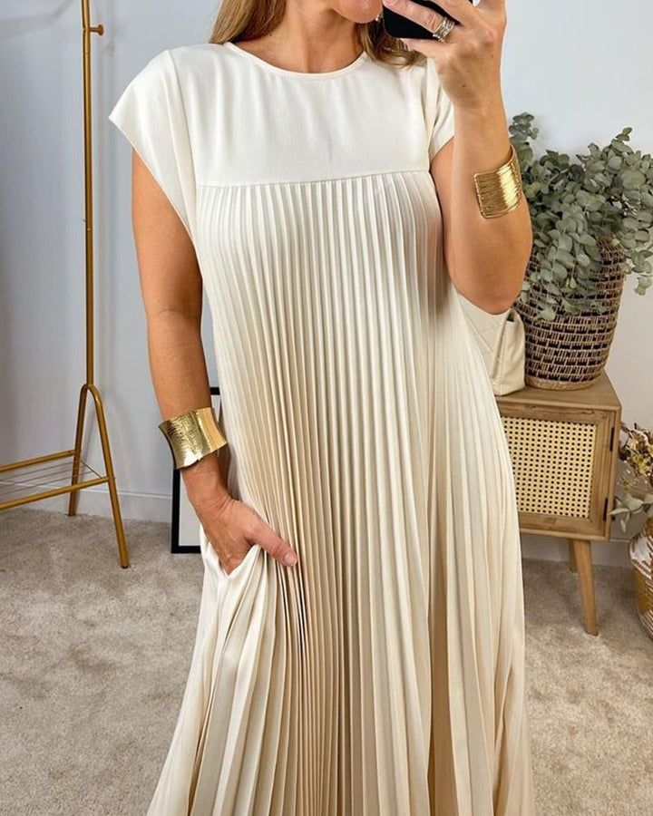BARLEY - SHORT-SLEEVE PLEATED LONG DRESS