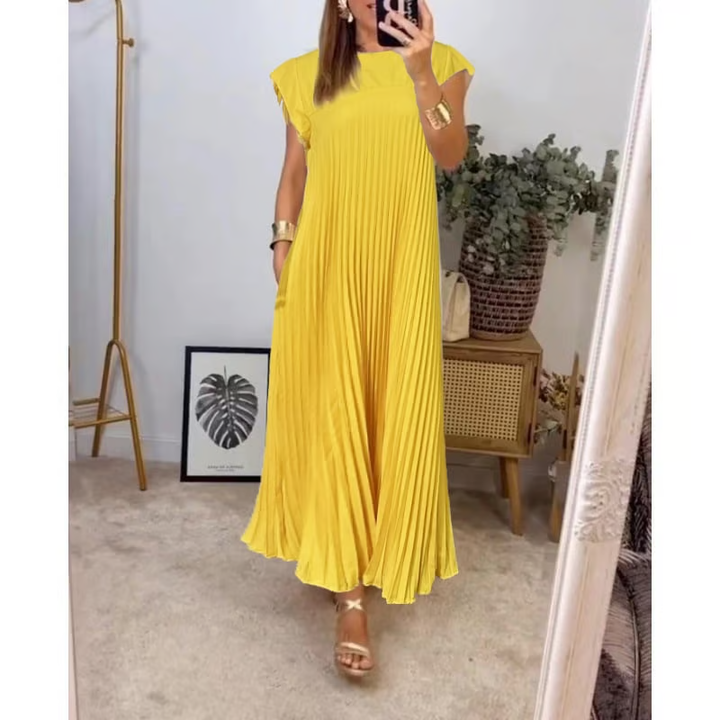 BARLEY - SHORT-SLEEVE PLEATED LONG DRESS