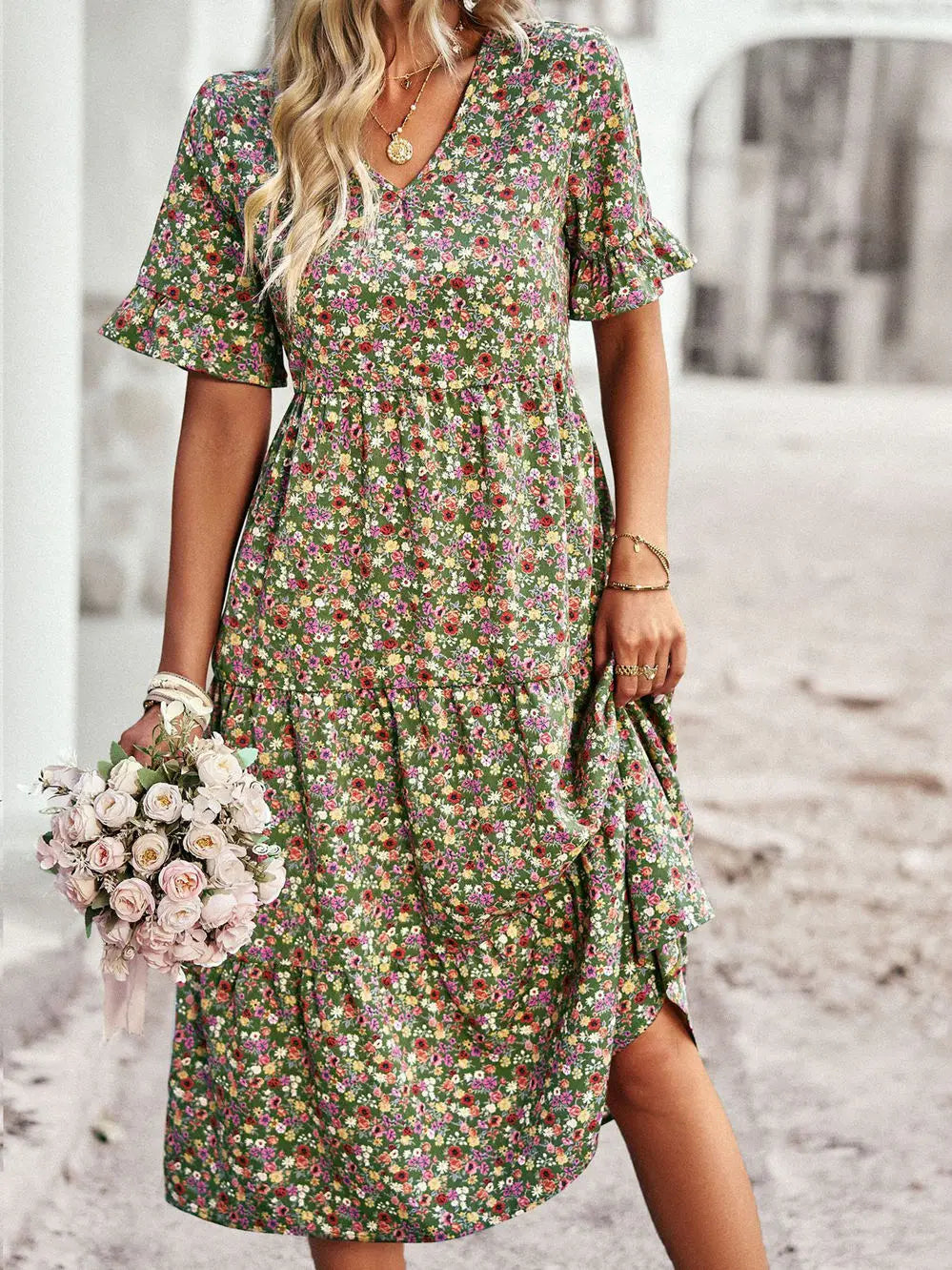 PAULA - CLASSY V NECK FLORAL DRESS