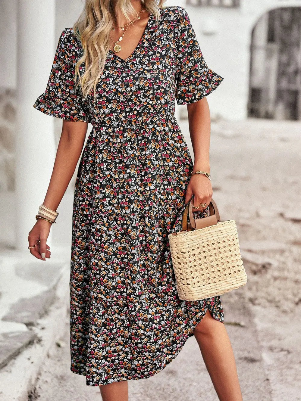 PAULA - CLASSY V NECK FLORAL DRESS