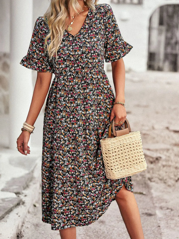 PAULA - CLASSY V NECK FLORAL DRESS