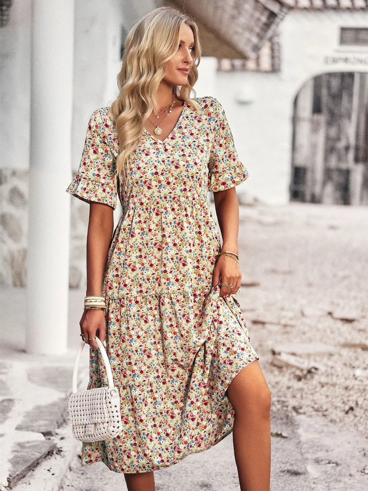 PAULA - CLASSY V NECK FLORAL DRESS