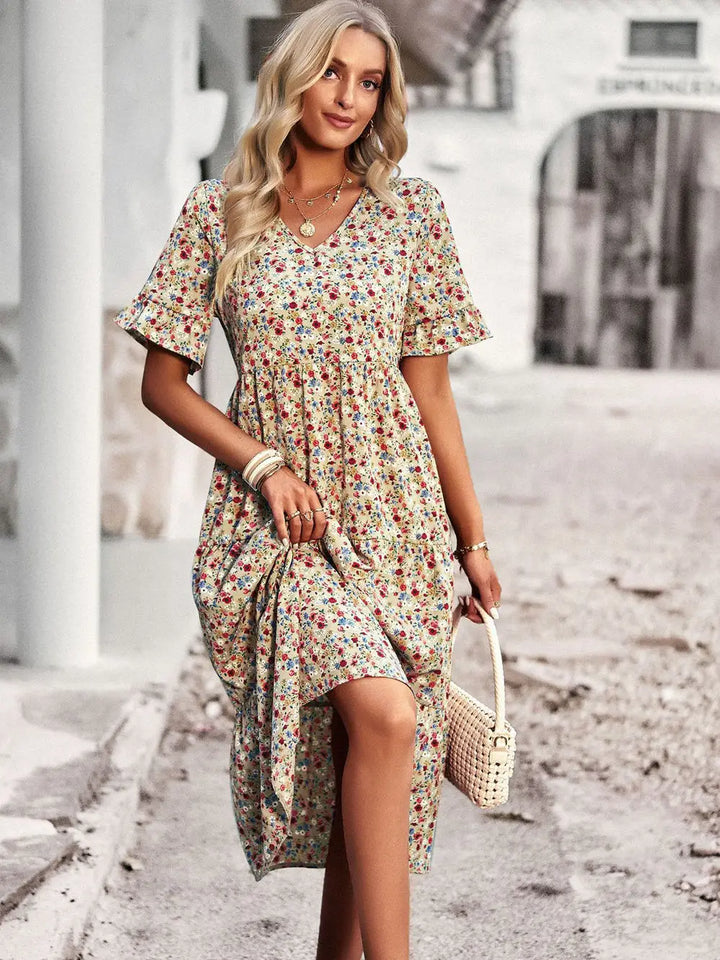 PAULA - CLASSY V NECK FLORAL DRESS