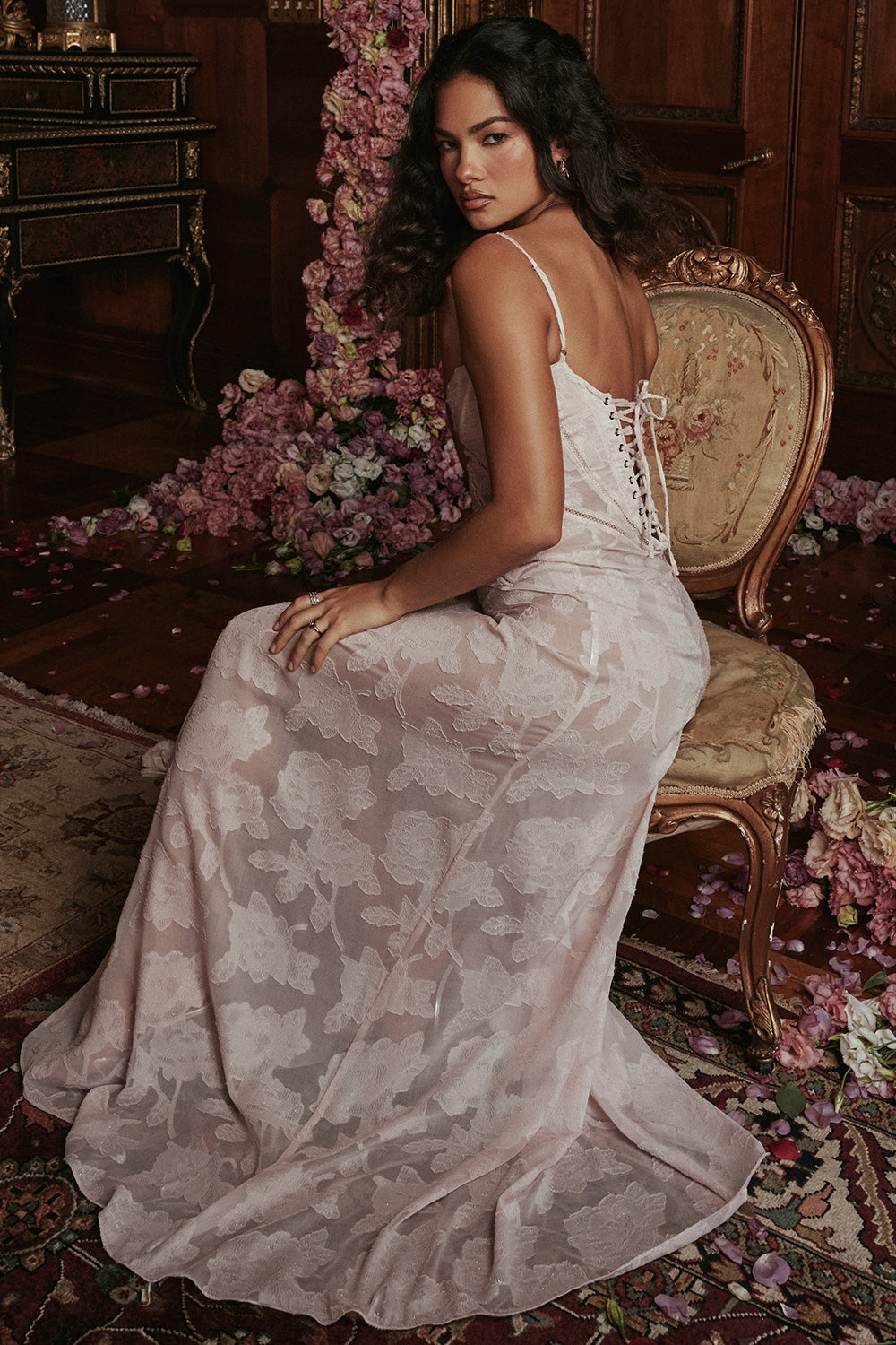 MELISSA - LACE UP FLORAL BACK MAXI GOWN