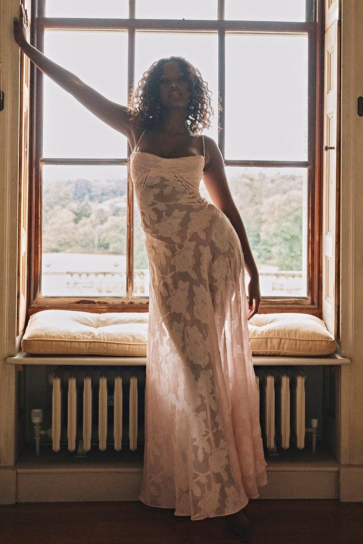 MELISSA - LACE UP FLORAL BACK MAXI GOWN