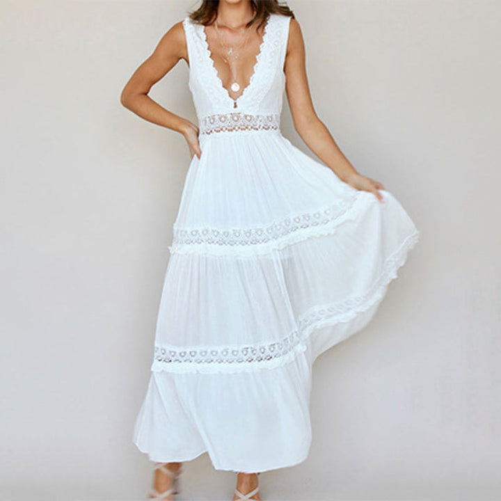 MISHA - V-NECK LACE-BACK MAXI DRESS