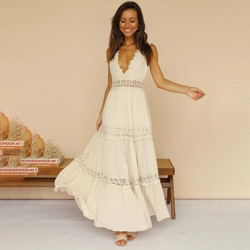 MISHA - V-NECK LACE-BACK MAXI DRESS